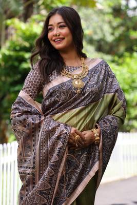 Green soft tussar silk blend printed saree festive wear 2
