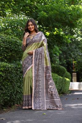 Green soft tussar silk blend printed saree festive wear 3