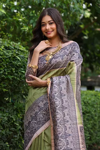 Green soft tussar silk blend printed saree festive wear