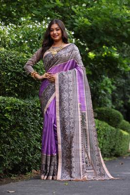 Purple soft tussar silk blend printed saree festive wear 1