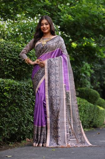 Purple soft tussar silk printed saree festive wear