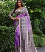 Purple soft tussar silk printed saree festive wear