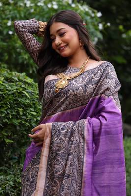 Purple soft tussar silk blend printed saree festive wear 2