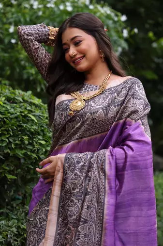 Purple soft tussar silk blend printed saree festive wear