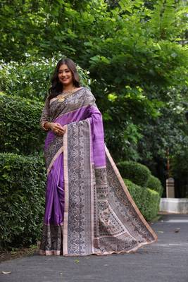 Purple soft tussar silk blend printed saree festive wear 3