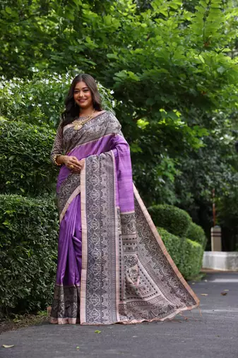 Purple soft tussar silk blend printed saree festive wear