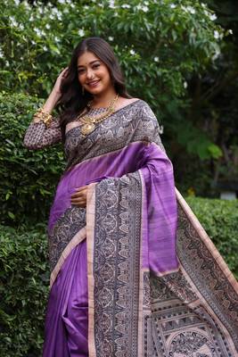 Purple soft tussar silk blend printed saree festive wear 4