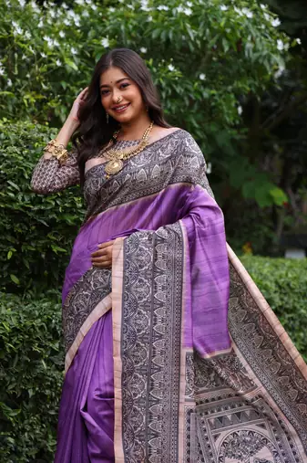 Purple soft tussar silk blend printed saree festive wear