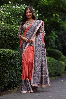Orange soft tussar silk blend printed saree festive wear 1