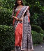 Orange soft tussar silk printed saree festive wear
