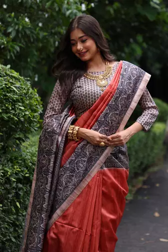 Orange soft tussar silk blend printed saree festive wear