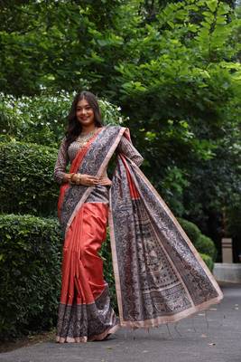 Orange soft tussar silk blend printed saree festive wear 3