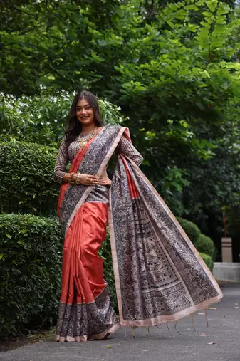 Orange soft tussar silk blend printed saree festive wear