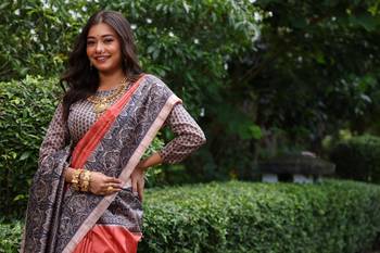 Orange soft tussar silk blend printed saree festive wear 4