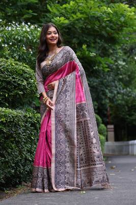 Pink soft tussar silk blend printed saree festive wear 1