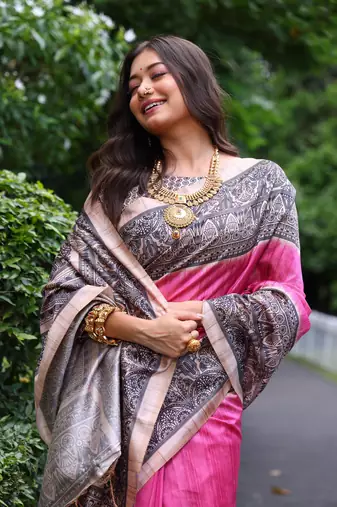 Pink soft tussar silk blend printed saree festive wear
