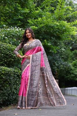 Pink soft tussar silk blend printed saree festive wear 3