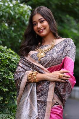 Pink soft tussar silk blend printed saree festive wear 4