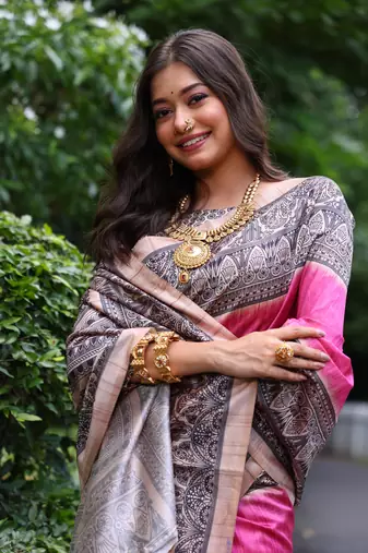 Pink soft tussar silk blend printed saree festive wear
