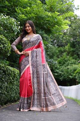 Rose pink soft tussar silk blend printed saree festive wear 1