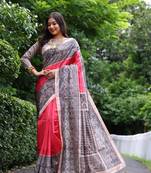 Rose pink soft tussar silk printed saree festive wear