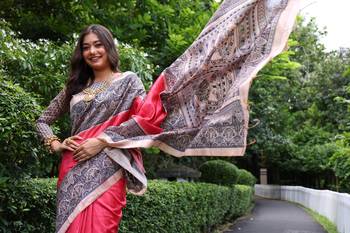 Rose pink soft tussar silk blend printed saree festive wear 2