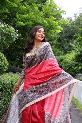 Rose pink soft tussar silk blend printed saree festive wear 3