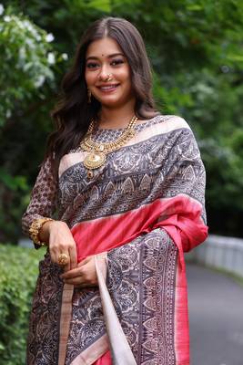 Rose pink soft tussar silk blend printed saree festive wear 4