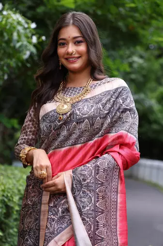Rose pink soft tussar silk blend printed saree festive wear