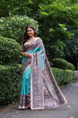 Sky soft tussar silk blend printed saree festive wear 1