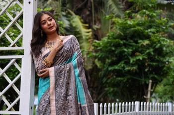 Sky soft tussar silk blend printed saree festive wear 2