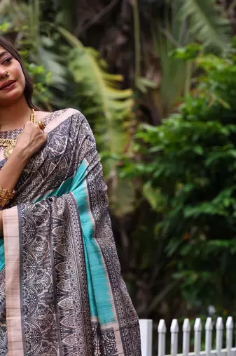 Sky soft tussar silk blend printed saree festive wear