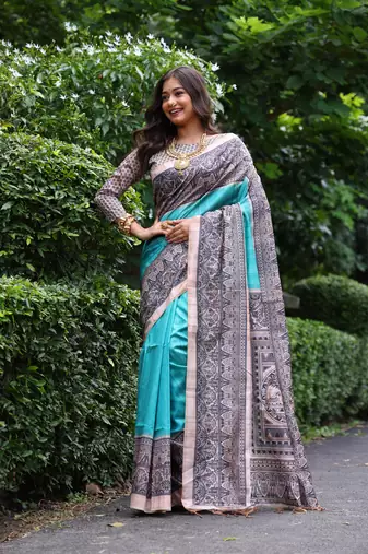 Sky soft tussar silk blend printed saree festive wear