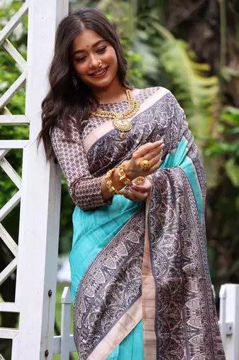 Sky soft tussar silk blend printed saree festive wear