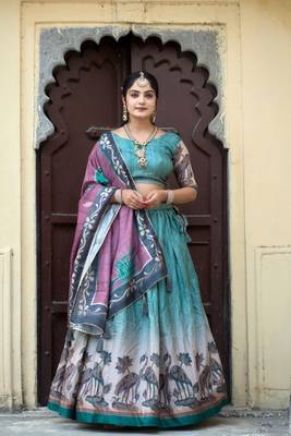 Rama Fully Printed With Contrast Border Pure Manipuri Silk Lehenga With Unstitched Blouse 1