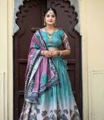Rama Fully Printed With Contrast Border Pure Manipuri Silk Lehenga With Unstitched Blouse