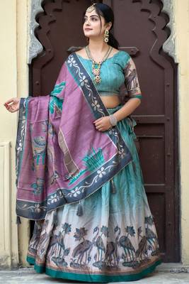 Rama Fully Printed With Contrast Border Pure Manipuri Silk Lehenga With Unstitched Blouse 2