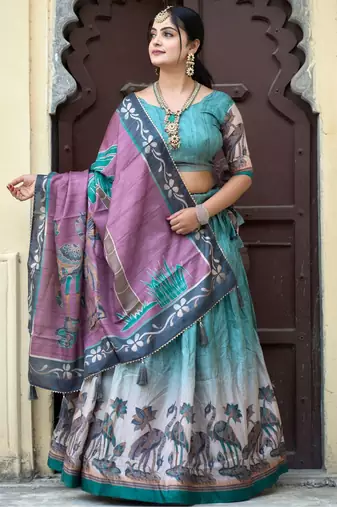 Rama Fully Printed With Contrast Border Pure Manipuri Silk Lehenga With Unstitched Blouse