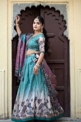 Rama Fully Printed With Contrast Border Pure Manipuri Silk Lehenga With Unstitched Blouse 3