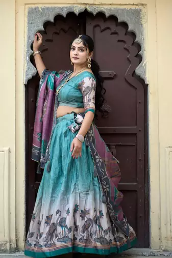 Rama Fully Printed With Contrast Border Pure Manipuri Silk Lehenga With Unstitched Blouse