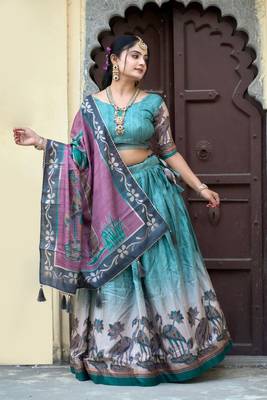 Rama Fully Printed With Contrast Border Pure Manipuri Silk Lehenga With Unstitched Blouse 4