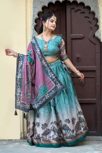 Rama Fully Printed With Contrast Border Pure Manipuri Silk Lehenga With Unstitched Blouse