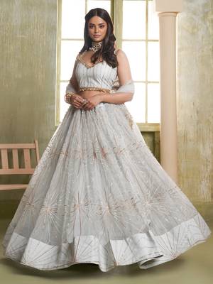 light grey sequins net lehenga set choli with dupatta 1