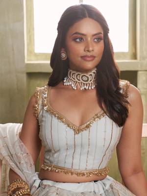 light grey sequins net lehenga set choli with dupatta 3