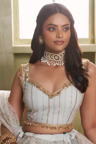 light grey sequins net lehenga set choli with dupatta