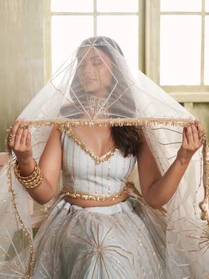 light grey sequins net lehenga set choli with dupatta 4