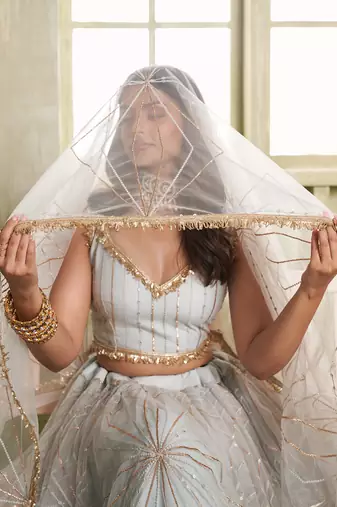 light grey sequins net lehenga set choli with dupatta