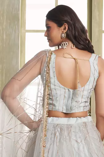 light grey sequins net lehenga set choli with dupatta
