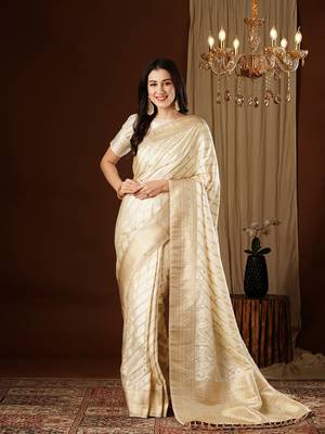 Cream glamorous jacquard satin silk blend saree 1