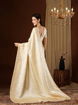Cream glamorous jacquard satin silk blend saree 2